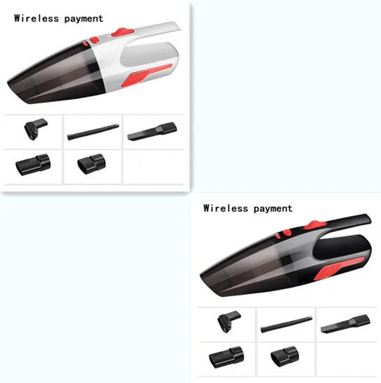 Handheld high-power 120W car vacuum cleaner with brush and long nozzle on black background