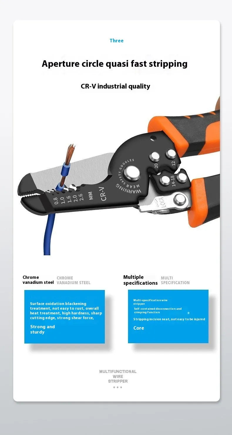Fully automatic wire stripping pliers tool with high carbon steel blades