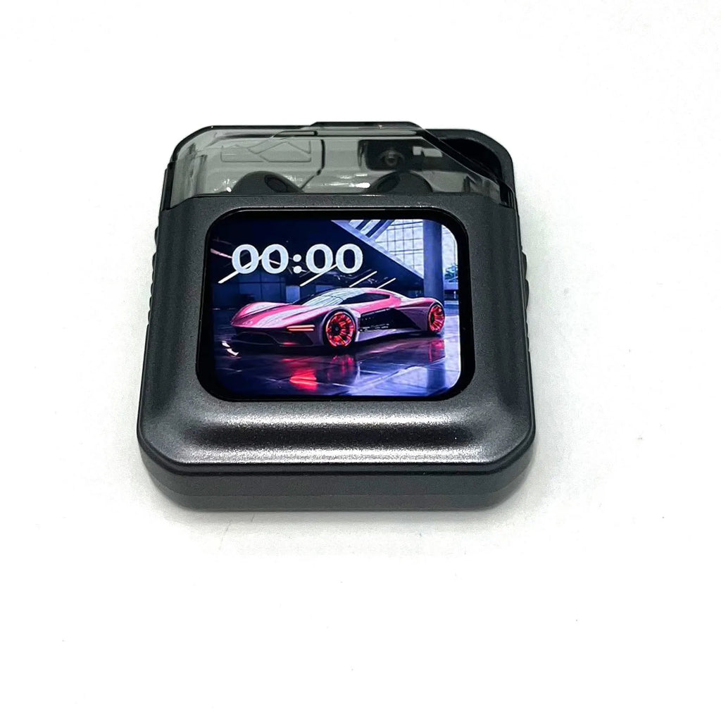 White Bluetooth headset with colour screen display showing battery level and connection status