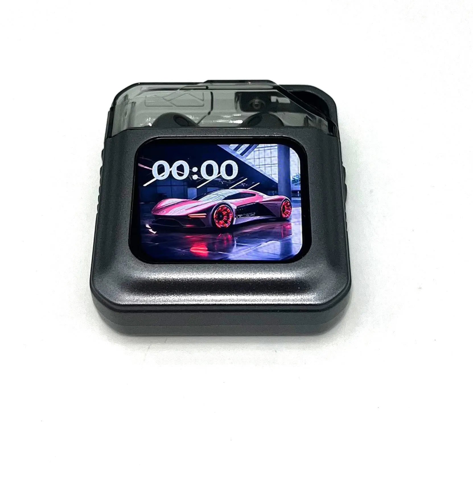 White Bluetooth headset with colour screen display showing battery level and connection status