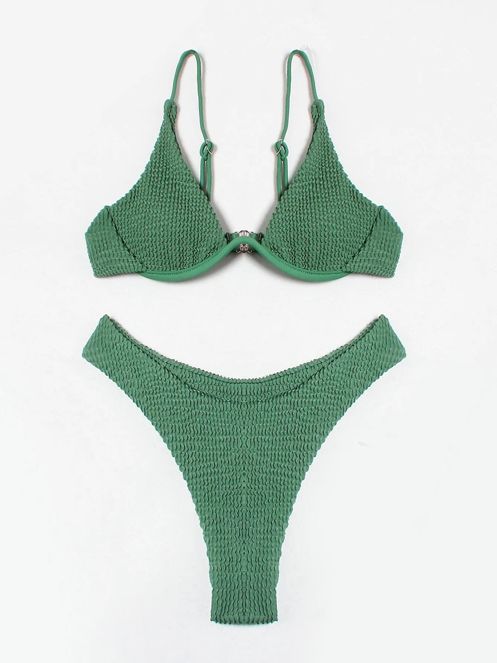 Green women's bikini suit with ruffle detail and briefs bottom