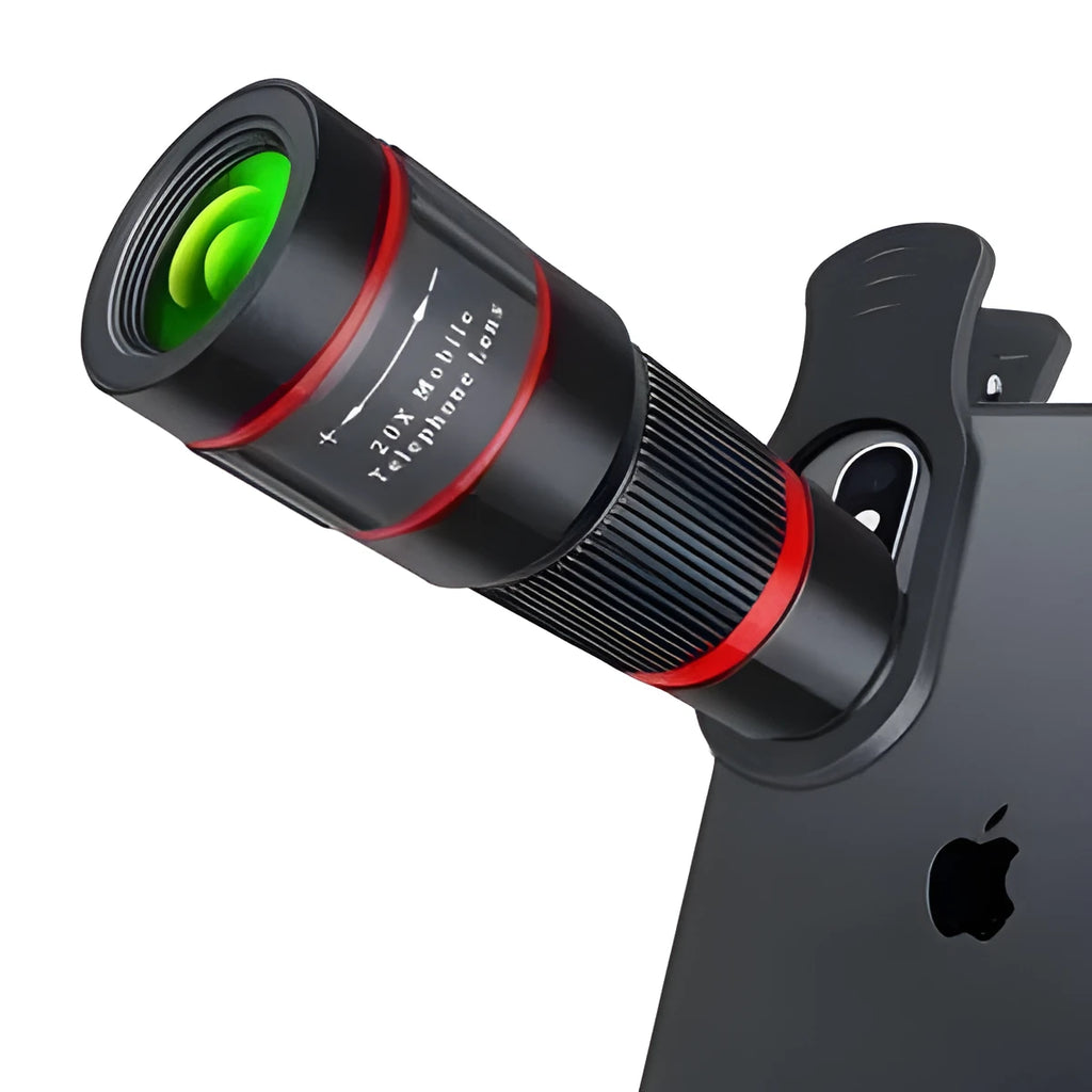 20x cell phone telescope with plastic body, optical glass lenses, and universal clip for mobile phones