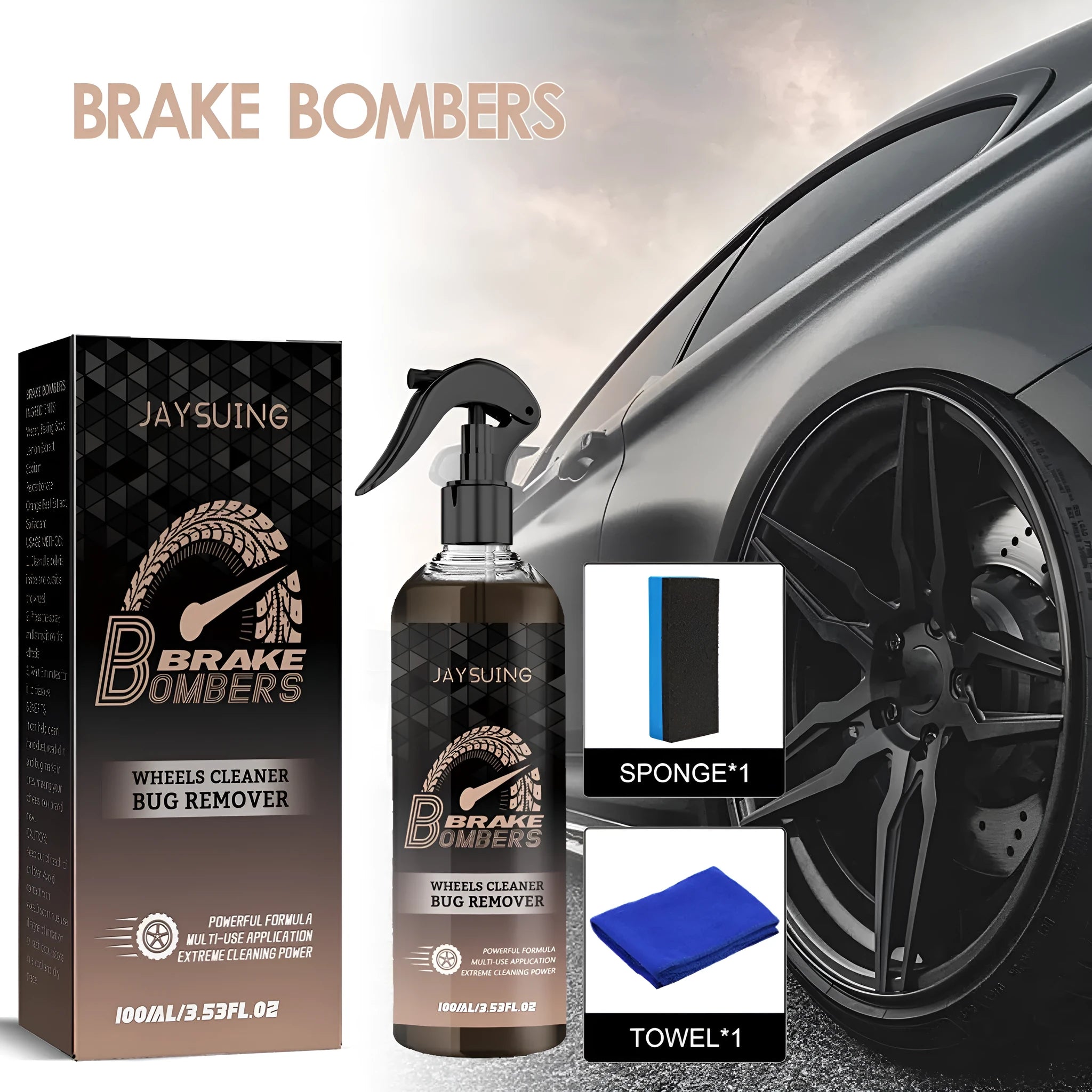 Car brake disc cleaning kit with 100ml spray bottle, small sponge, and microfibre cloth.