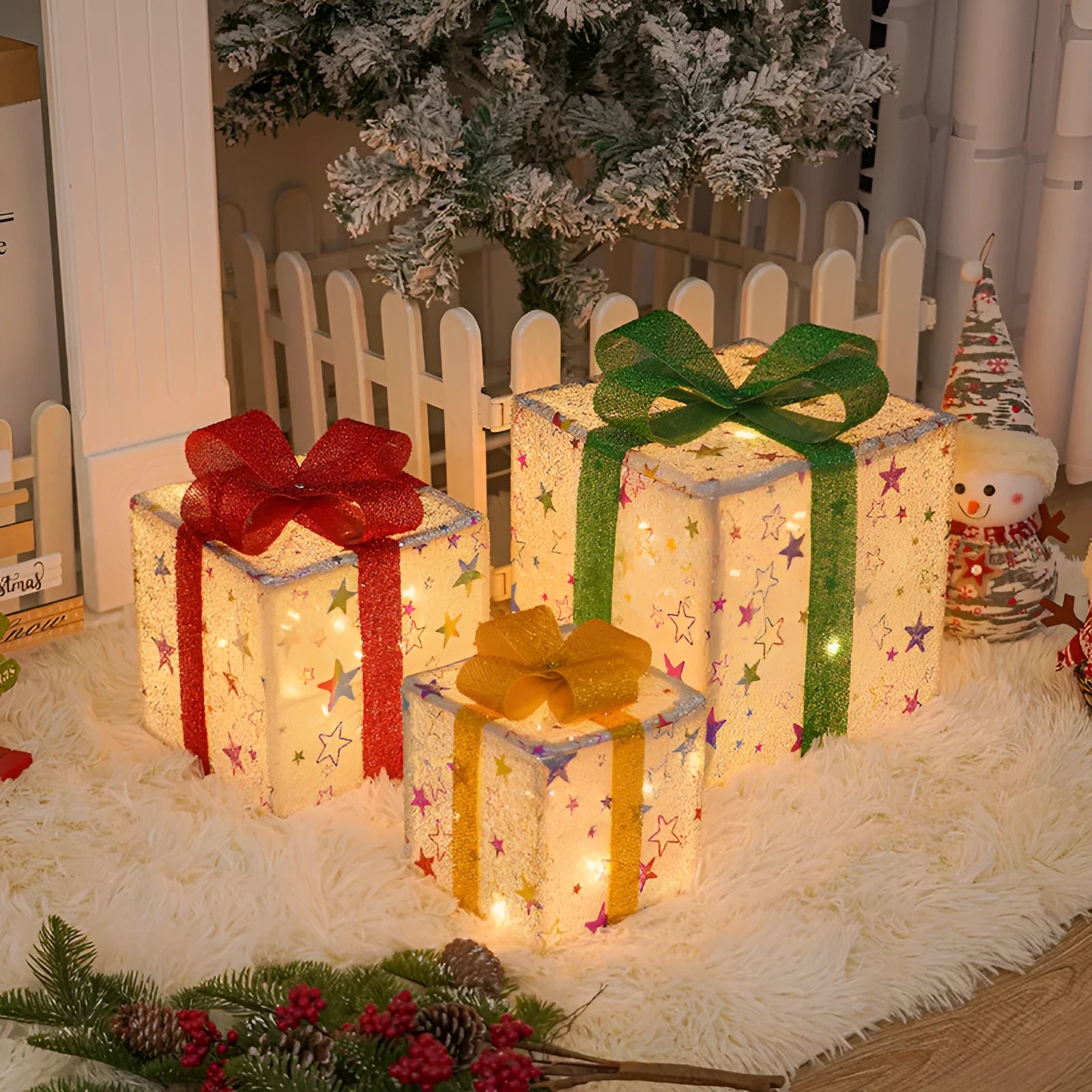 Set of three lighted Christmas gift box decorations with bows and LED lights for holiday displays