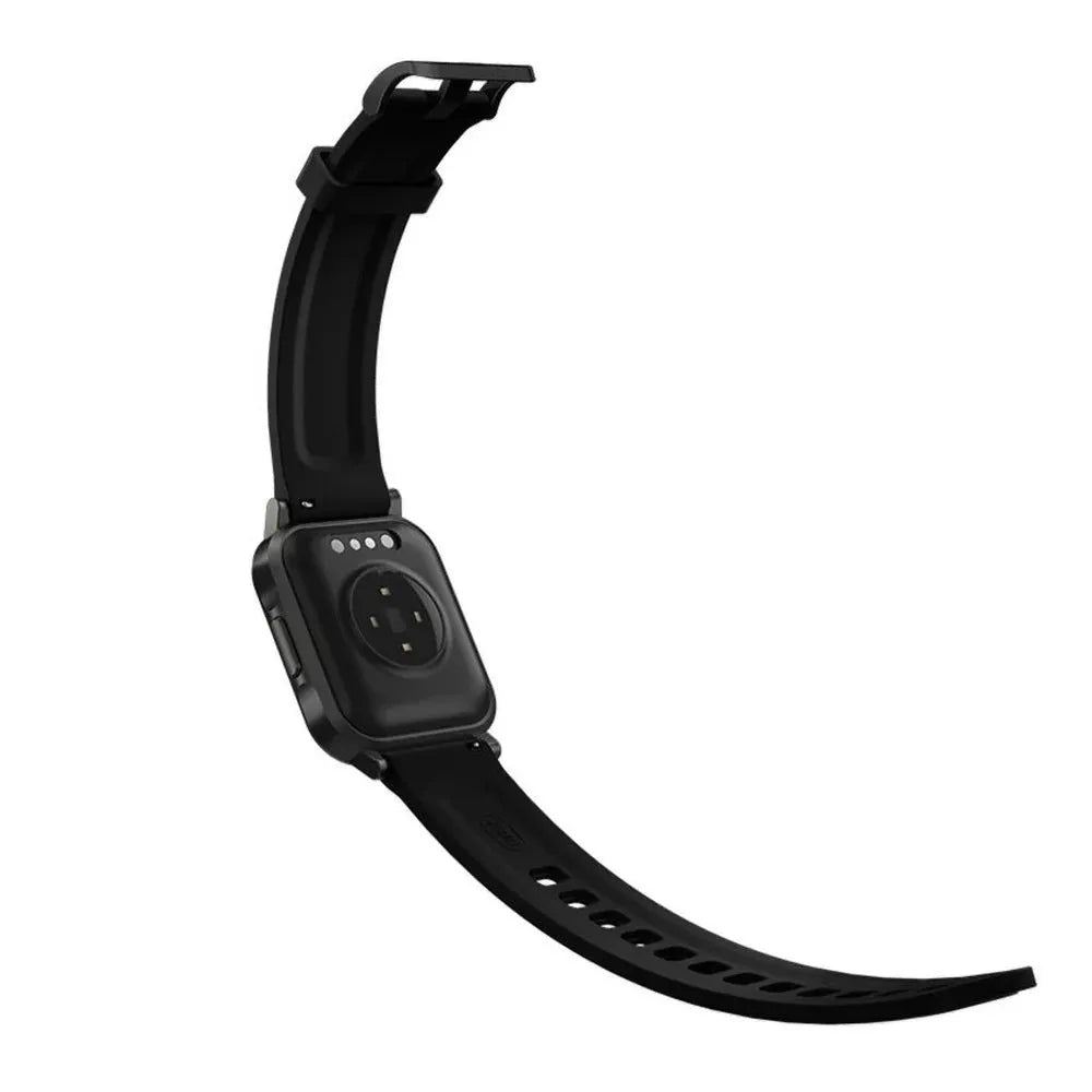 Black waterproof smart bracelet with 1.4-inch screen showing health metrics on silicone wrist strap