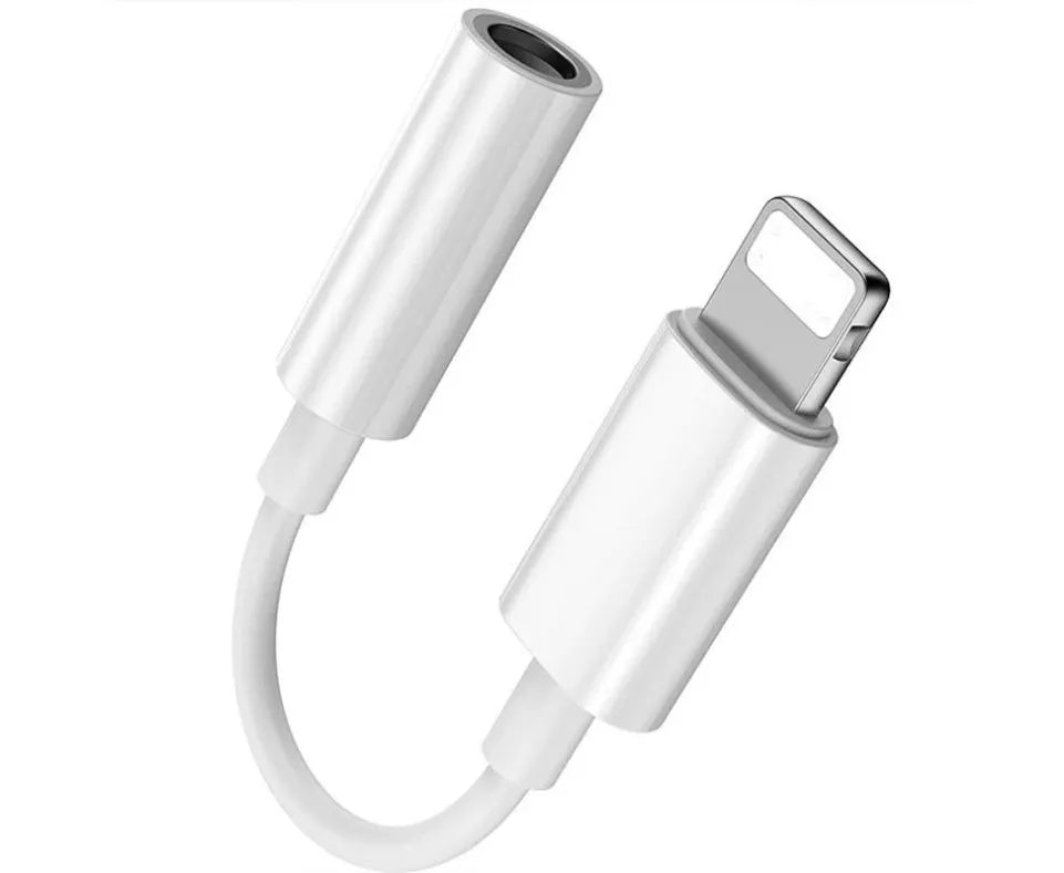 White Lightning to 3.5mm female headphone jack adapter for iPhone compatibility.
