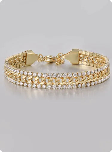 Gold coloured titanium steel tennis bracelet with gemstone inlay for men and women