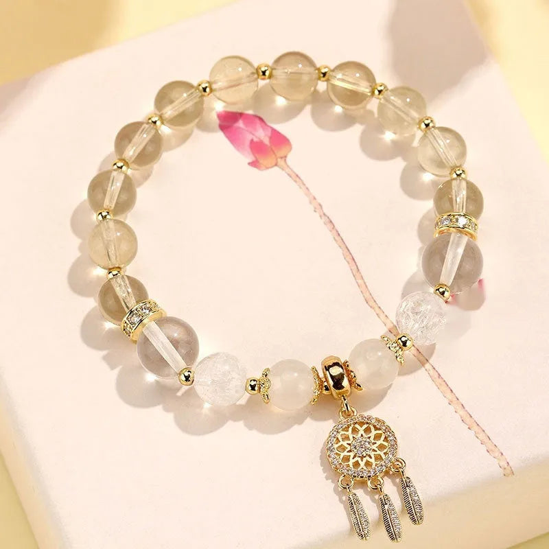 Chinese style white crystal tassel bracelet for women with electroplated finish and gemstone beads