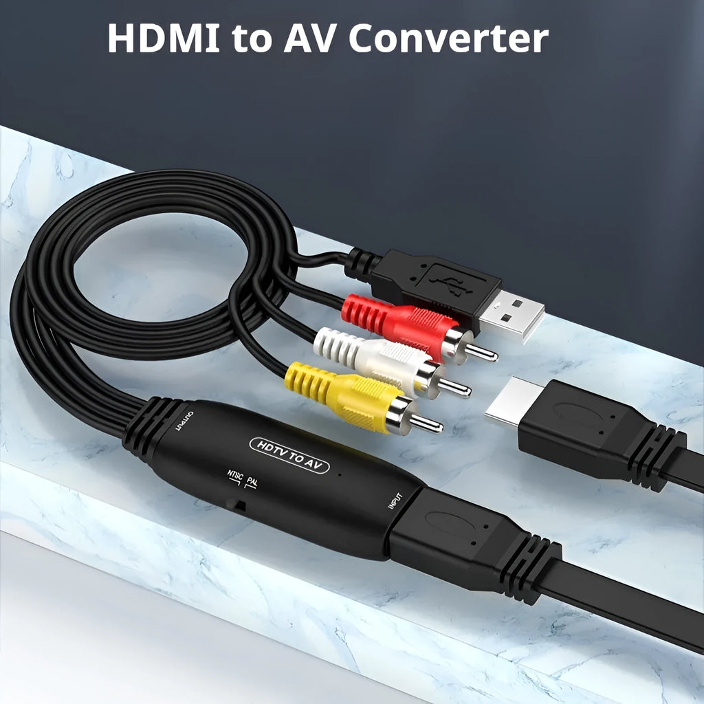 HDMI to AV converter cable with 110cm length and two connector styles for 1080p video transfer