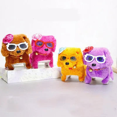 Electric musical plush dog toy in purple, walking with moving legs on a white background, 13 cm size
