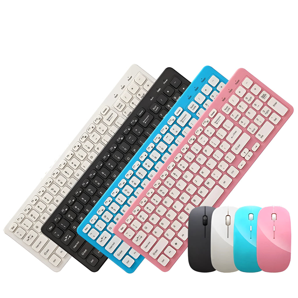 Wireless keyboard and mouse set in choice of colours with USB receiver on desk