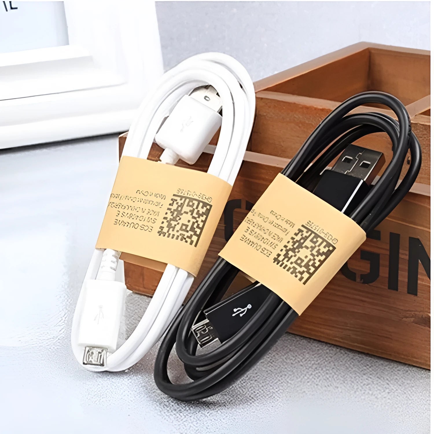 Black and white Android smartphone Micro USB data cable with 1 metre length for charging and data transfer