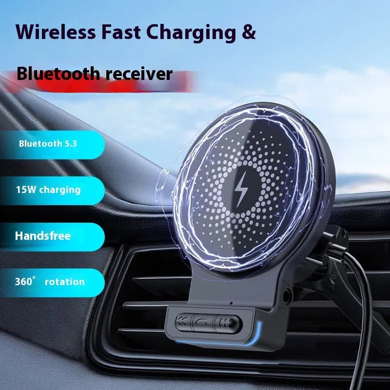 Car magnetic wireless charger 15W bracket W5 black, compact 6.2x8.7x8.3cm for 10V-32V vehicles