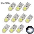Pack of ten multi-colour T10 LED bulbs for 12V car side marker and interior light replacement.