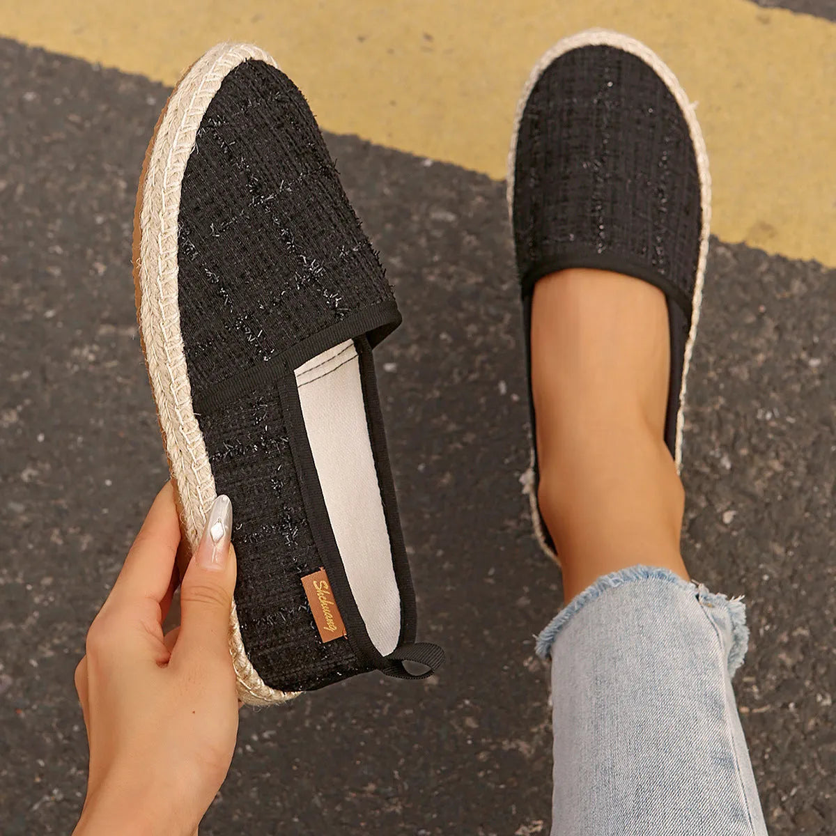 Casual fisherman shoes with canvas upper and rope sole in black, white, or beige colours