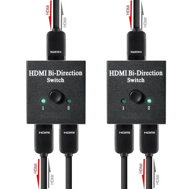 HDMI bi-direction switch black plastic housing with three ports and two blue LED indicators