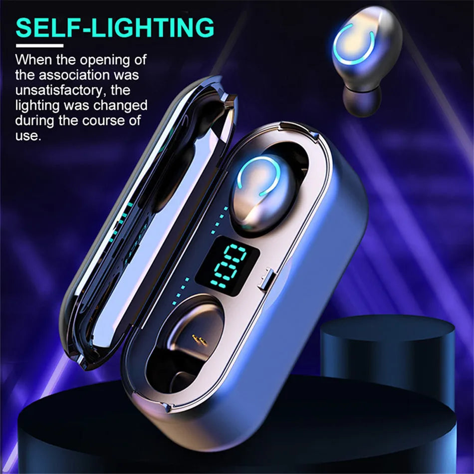 Binaural digital display Bluetooth headset in black with earplug-style fit and stereo sound