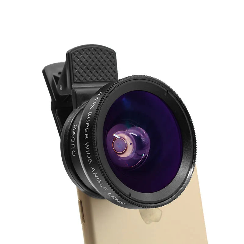 Black 0.45x wide-angle and 12.5x macro phone lens kit with universal clip on a smartphone