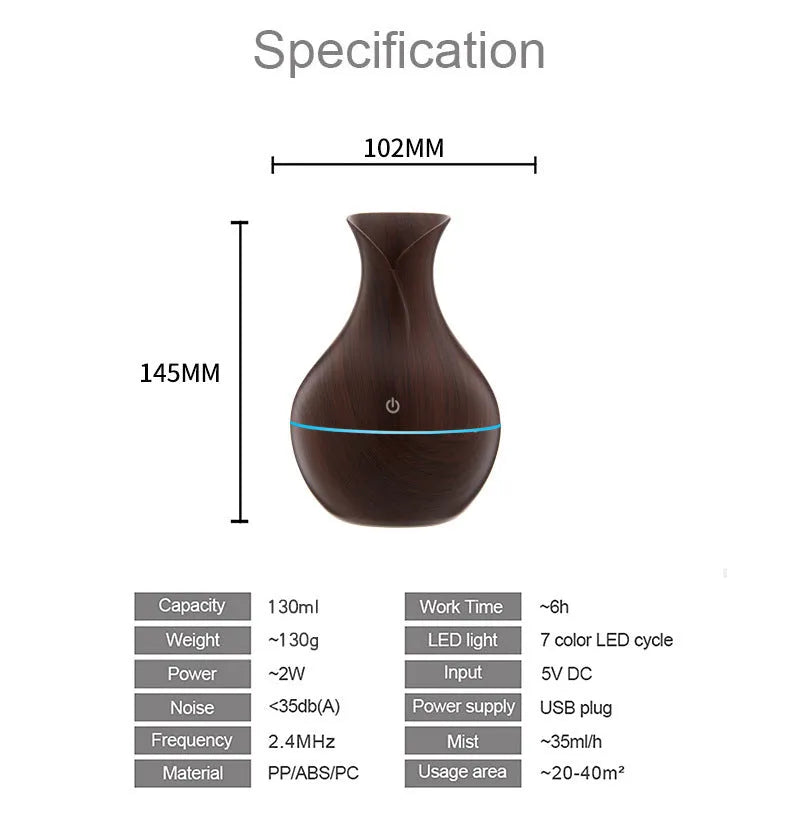 Vase humidifier 130ml 5V 3W in crackle mahogany or wood grain finish on a desk
