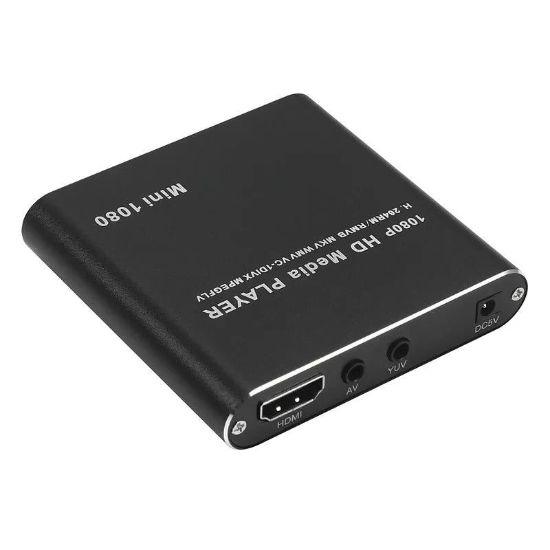 Compact black and blue all-metal 1080P Full HD media player with remote control