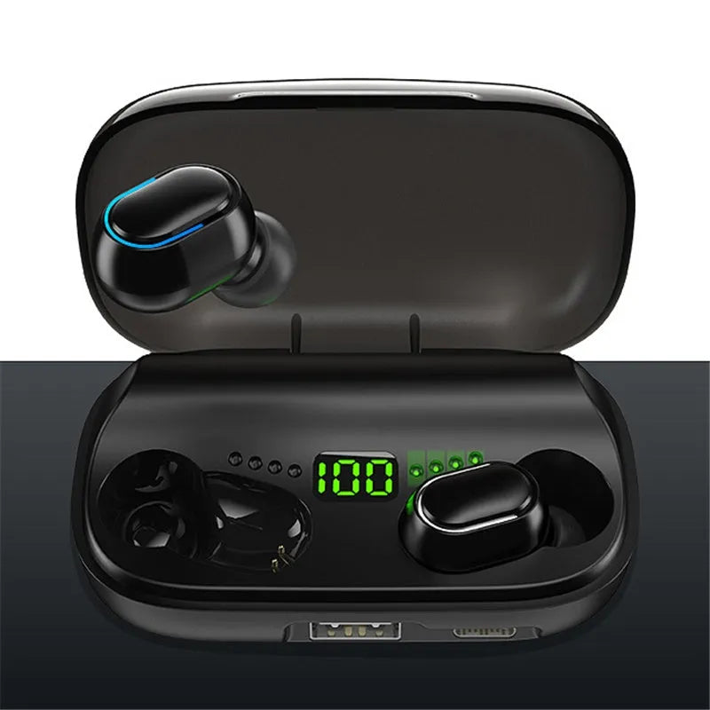 Black TWS XT01 Bluetooth earphones with charging case showing white and blue indicator lights.