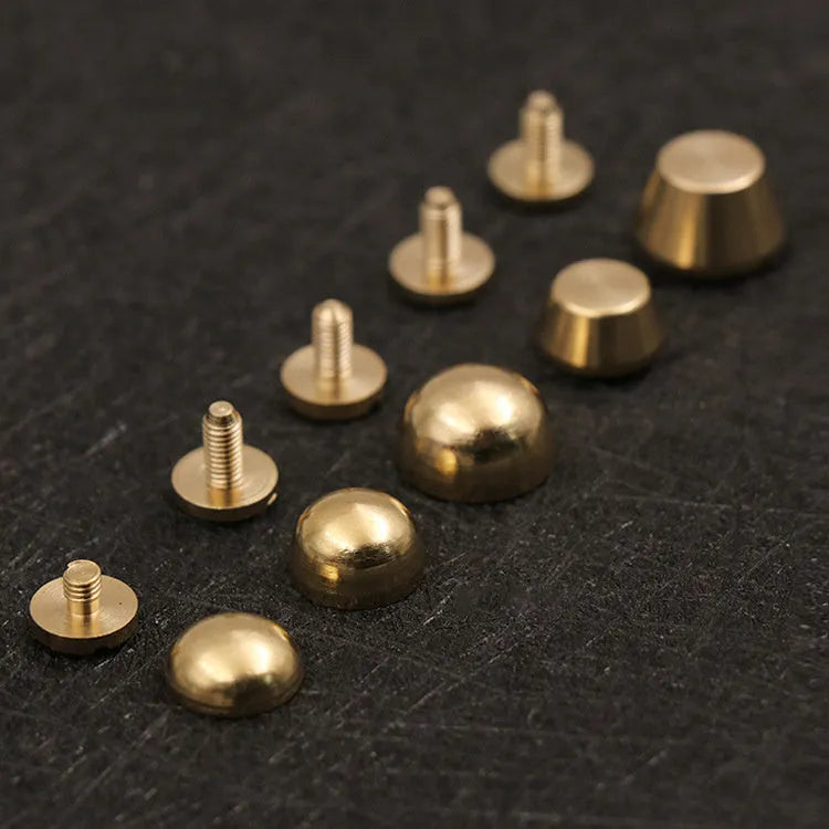 Brass decorative buckle foot nails in round and bucket styles measuring 10x6mm and 12x7mm