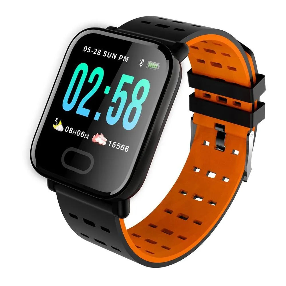 A6 smart bracelet with colour screen and silicone strap in blue, shown on a wrist.