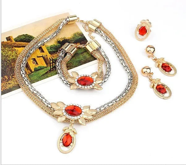 Bridal alloy four piece jewellery set with double colour crystal flower necklace, earrings, bracelet and ring 9132
