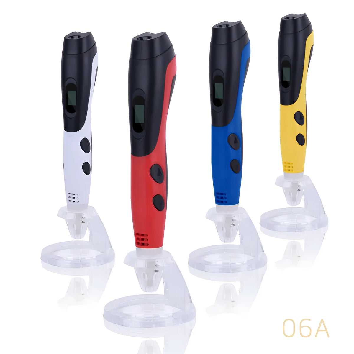 3D printing pen with plastic body, USB cable, and accessories including base and 12-colour filaments
