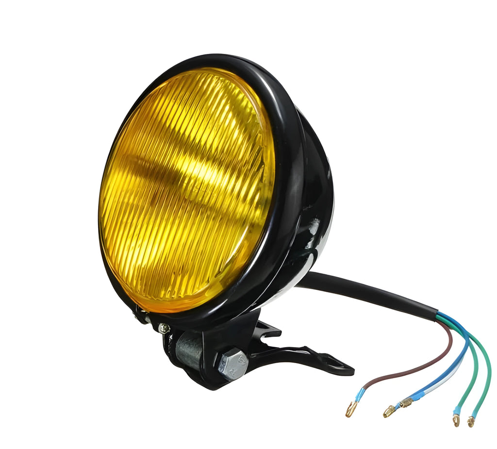 Round bottom mount motorcycle headlight, black aluminium shell, amber glass lens, 12.5 x 8.5cm, 5-wire connection