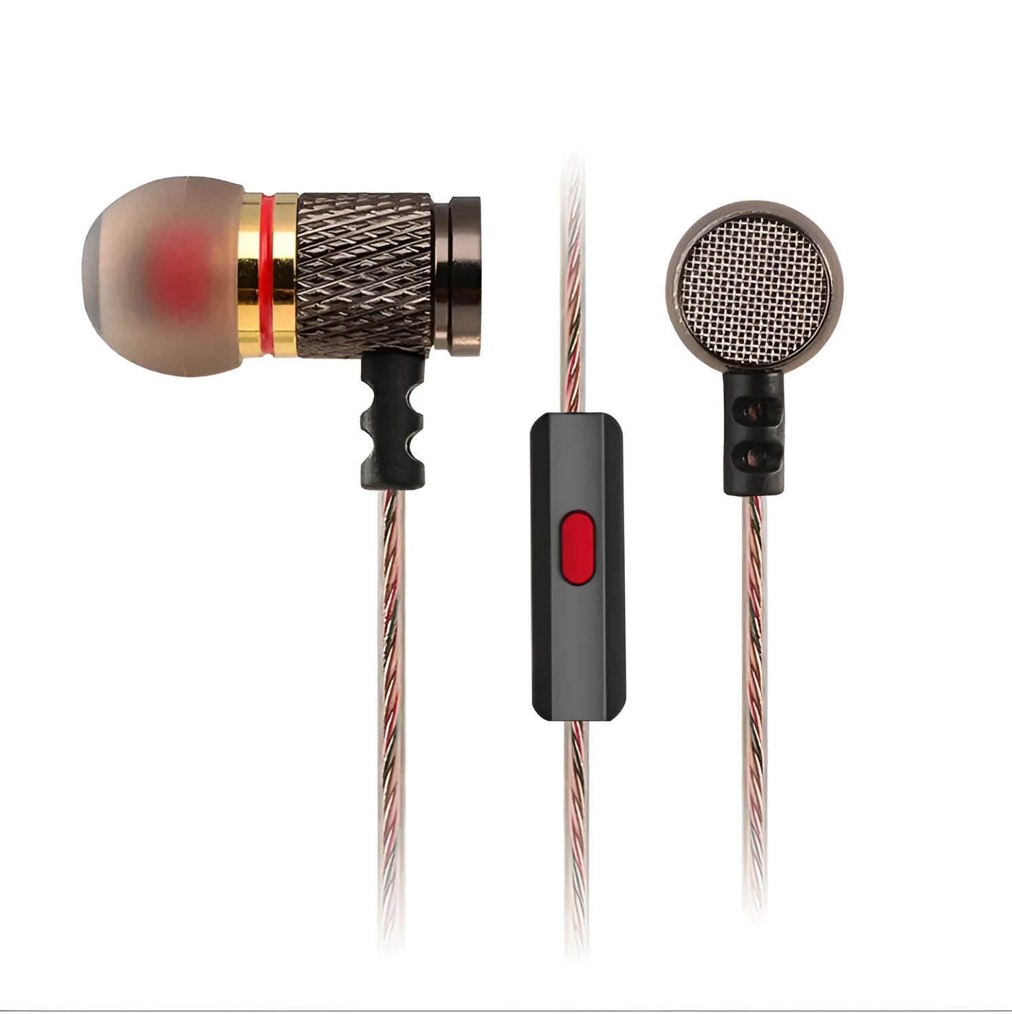 Black wired in-ear headphones with 3.5mm L-bend plug and silicone cable