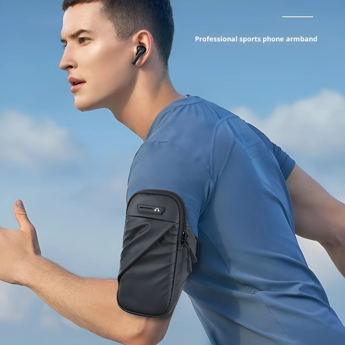 Outdoor cycling men's arm sleeve phone pouch in black colour for 7.2 inch phone on fabric background