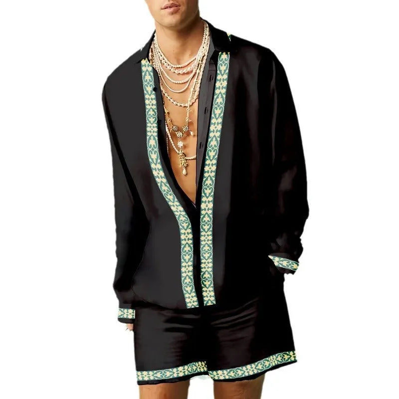 Men's slim fit casual summer set with long sleeve shirt and matching shorts in various colours