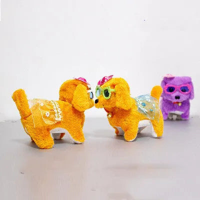 Electric musical plush dog toy in purple, walking with moving legs on a white background, 13 cm size
