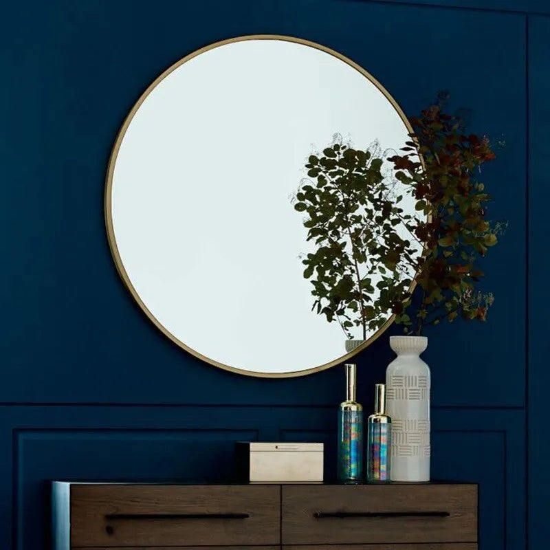 Round Nordic style bathroom wall mirror with iron frame in black, white, or gold colour, 30cm diameter.