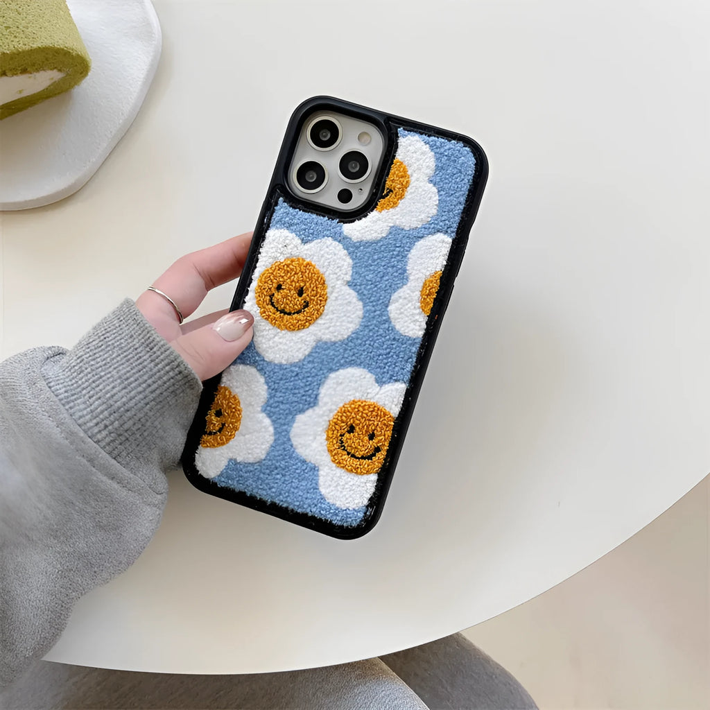 Blue towel embroidered sunflower smiley plush phone case for Apple iPhone with hard shell back cover