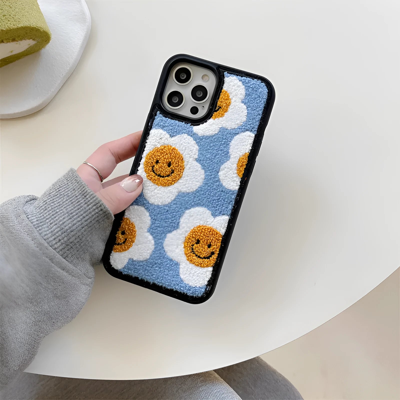 Blue towel embroidered sunflower smiley plush phone case for Apple iPhone with hard shell back cover