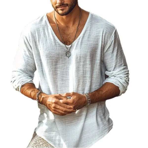 Beige V-neck long-sleeved t-shirt on hanger showing slim fit and hemp blend fabric texture