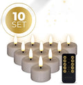 Set of four taupe coloured S10 3D flame LED tealight candles displayed together.