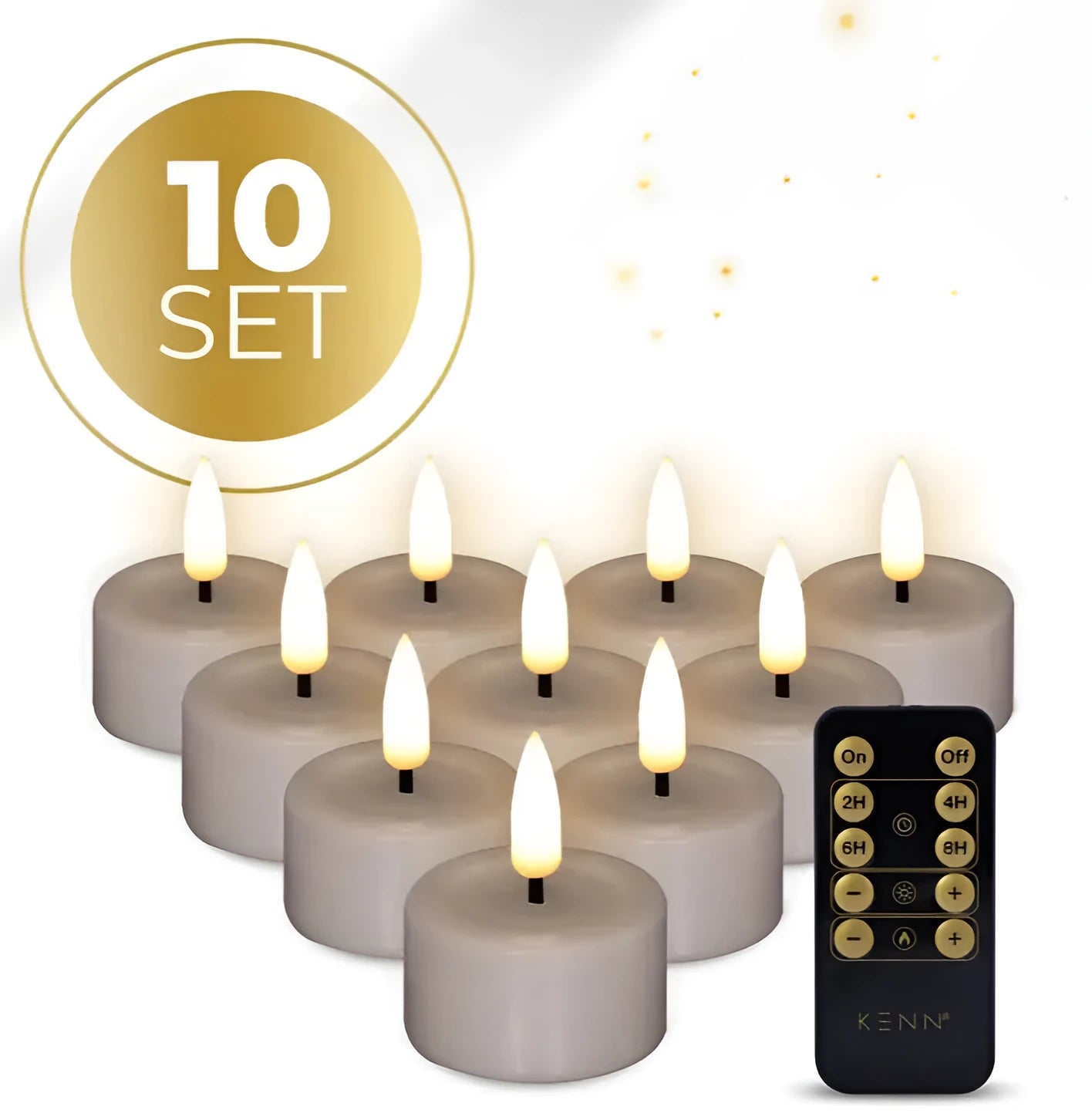 Set of four taupe coloured S10 3D flame LED tealight candles displayed together.