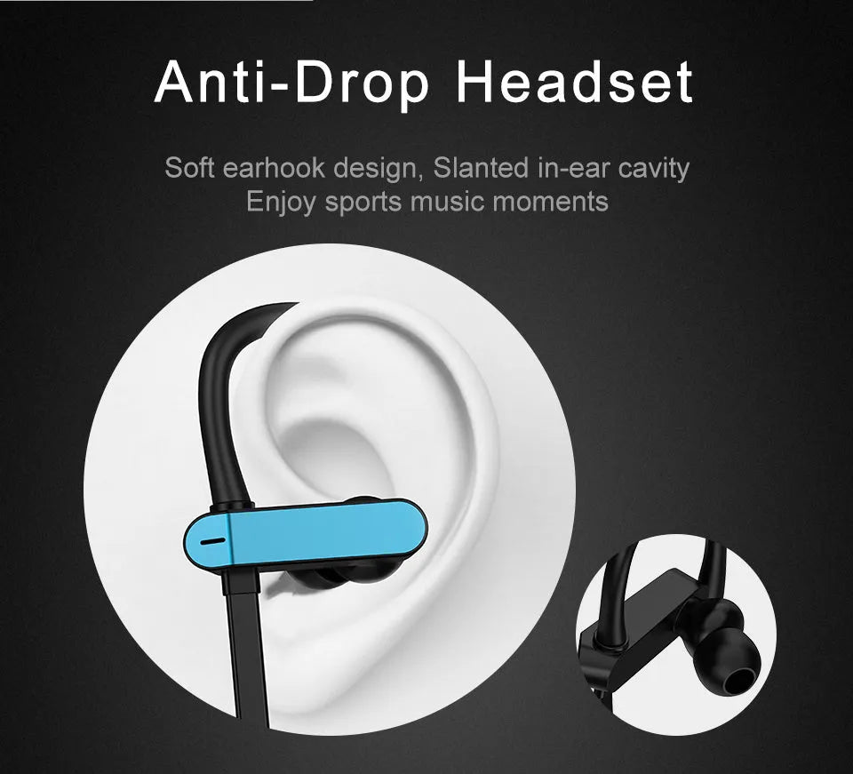 Close-up of sport earphones with flexible ear hooks and silicone earbuds in black and blue colour
