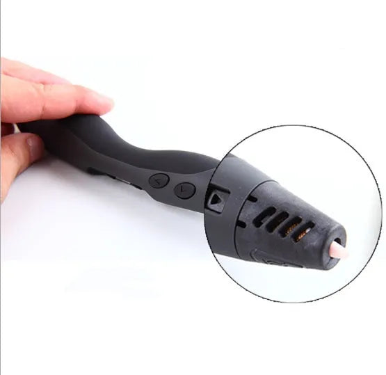 Plastic 3D printing pen in black with nozzle tip, 18cm long, on white background