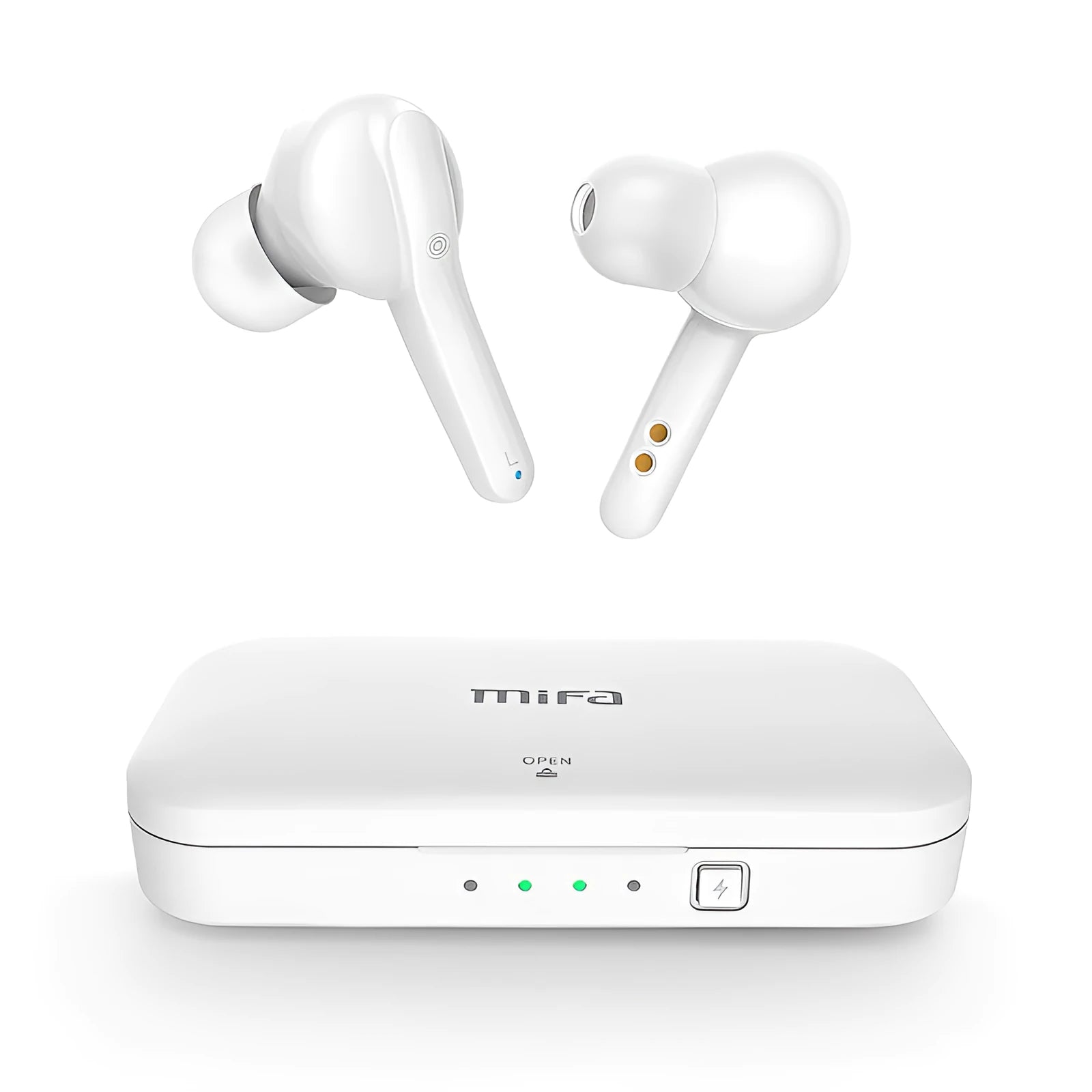 Black and white TWS wireless earbuds with Bluetooth 5.0 and IPX5 waterproof rating.