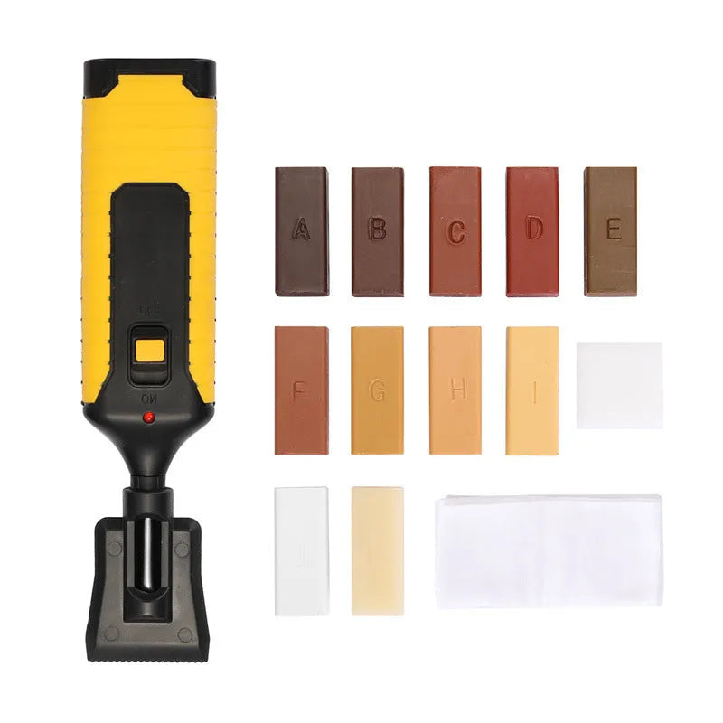 Floor repair suit tool set with handle tools and coloured wax sticks for tile repair