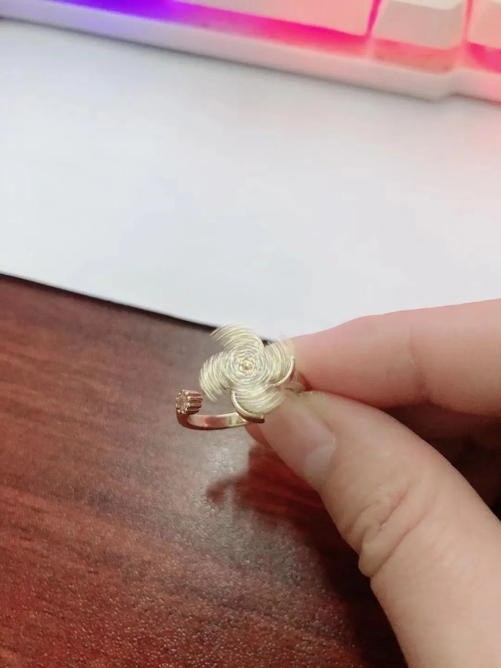 Rotating geometric windmill ring in copper with gold or silver electroplated finish