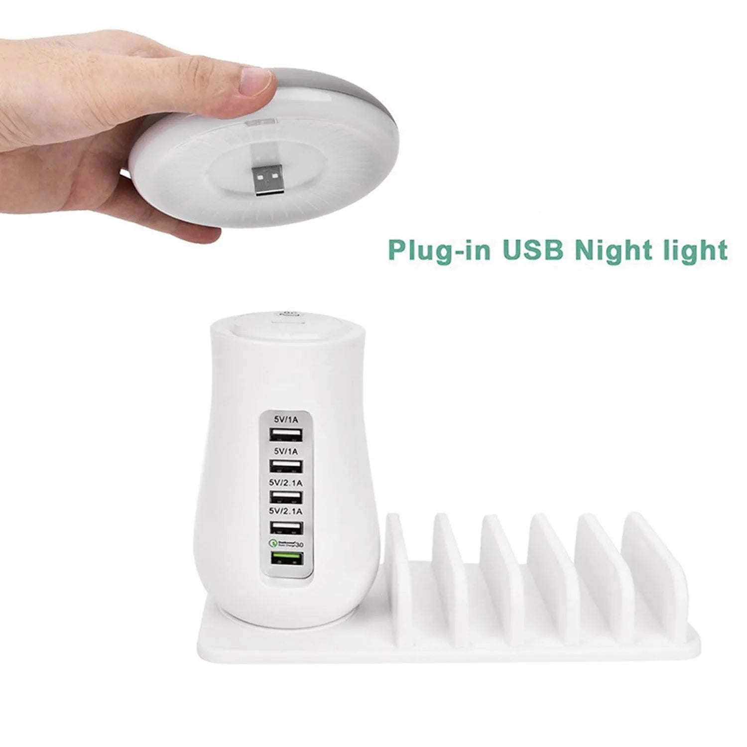 White glossy mushroom-shaped LED desk lamp with a built-in 5-port USB charging station for smartphones and tablets.
