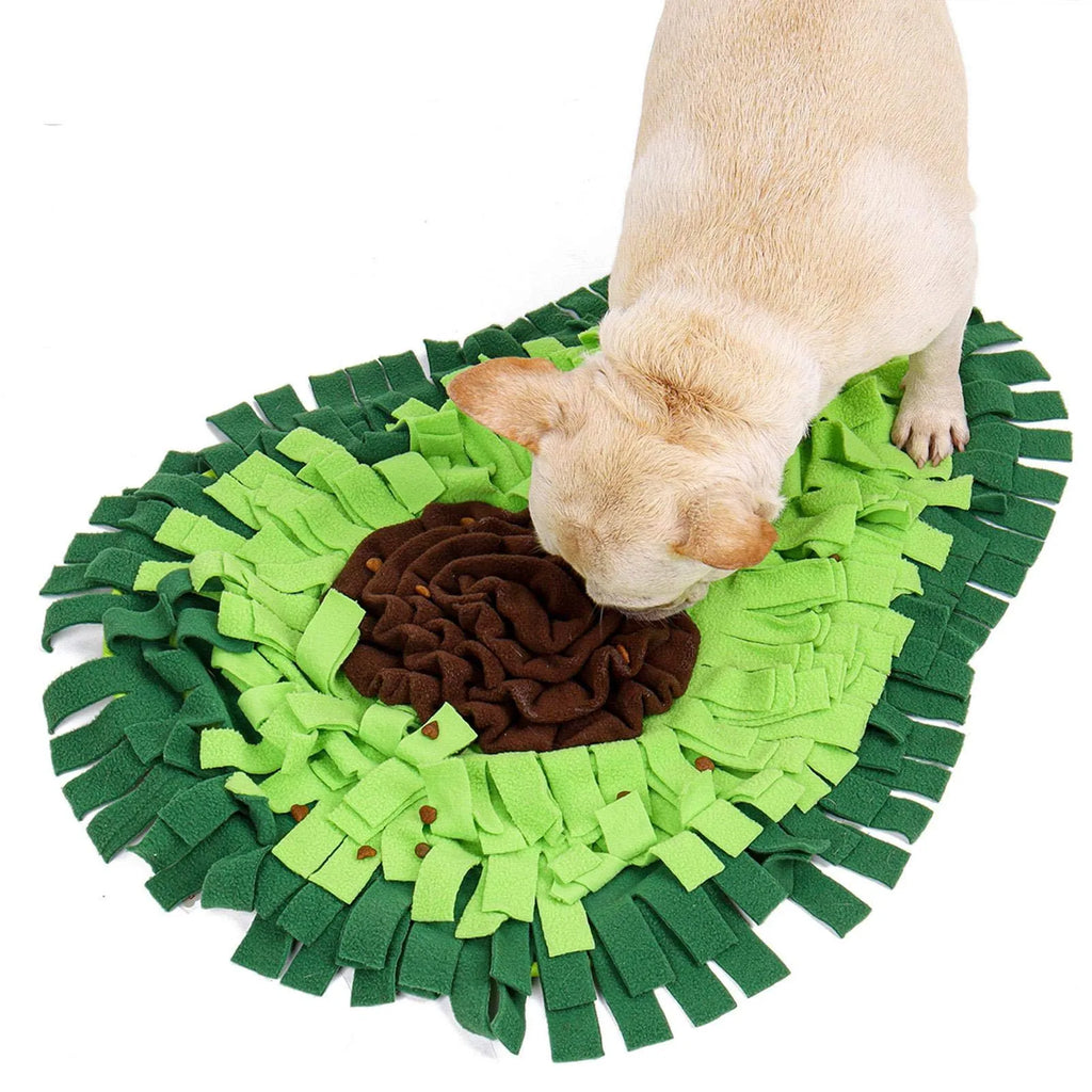 Green avocado-shaped dog sniffing mat with polar fleece strips on non-slip base, 69x53cm size for dogs and rabbits
