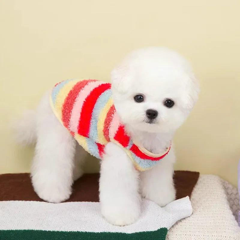 Striped fuzzy two-legged dog coat with integrated leash ring and bear cloth label, for small and medium dogs