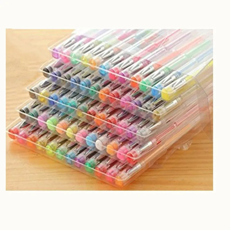 Set of 100 gel colouring pens with plastic barrels in various colours for office and stationery applications