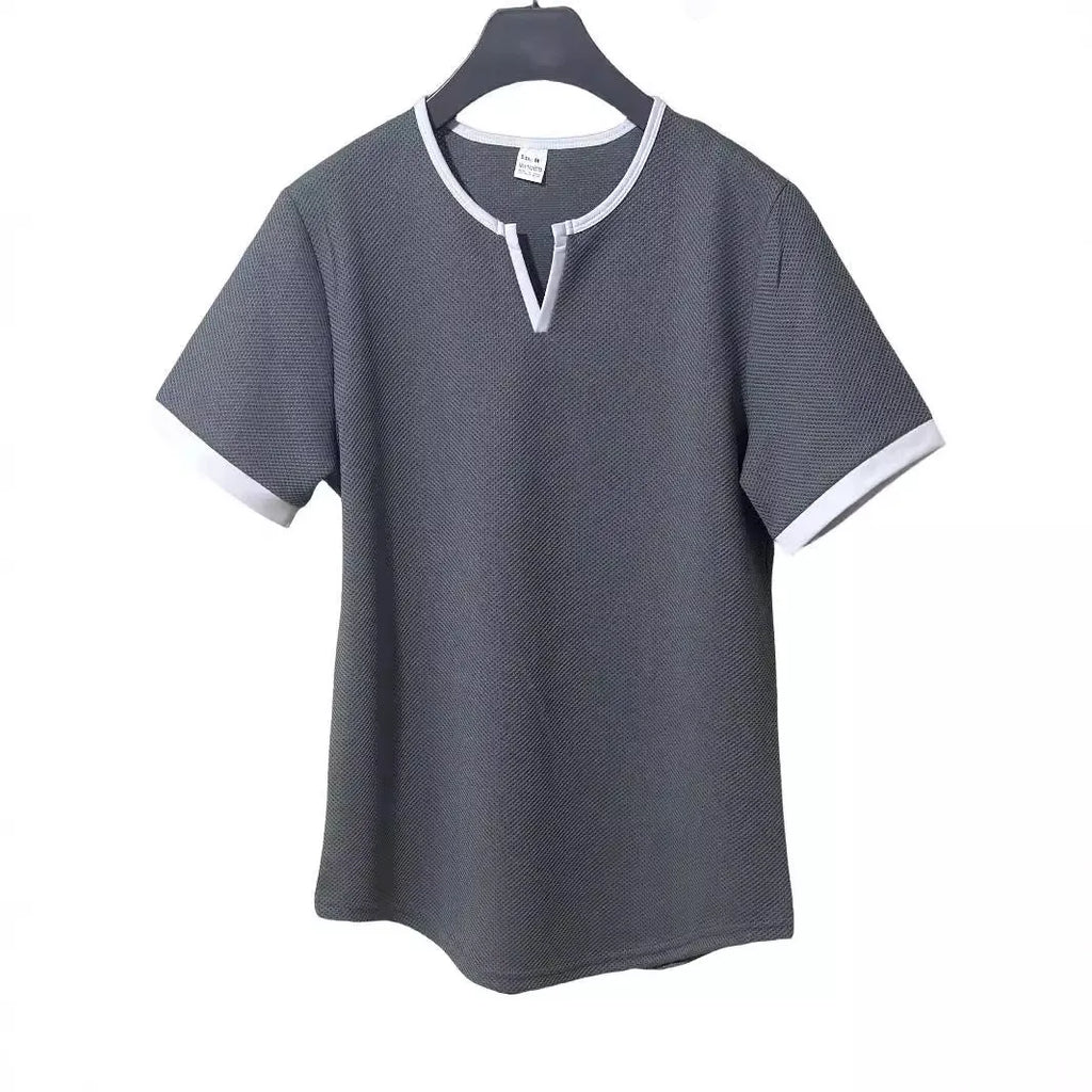 Men's colour-block V-neck short-sleeve sports T-shirt on a hanger, showing waffle texture and multiple colour options.